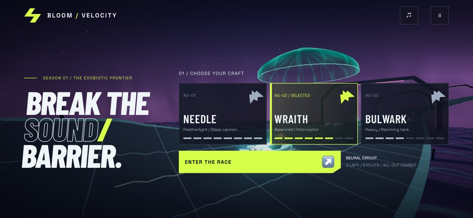 Bloom Velocity anti-gravity racing game screen